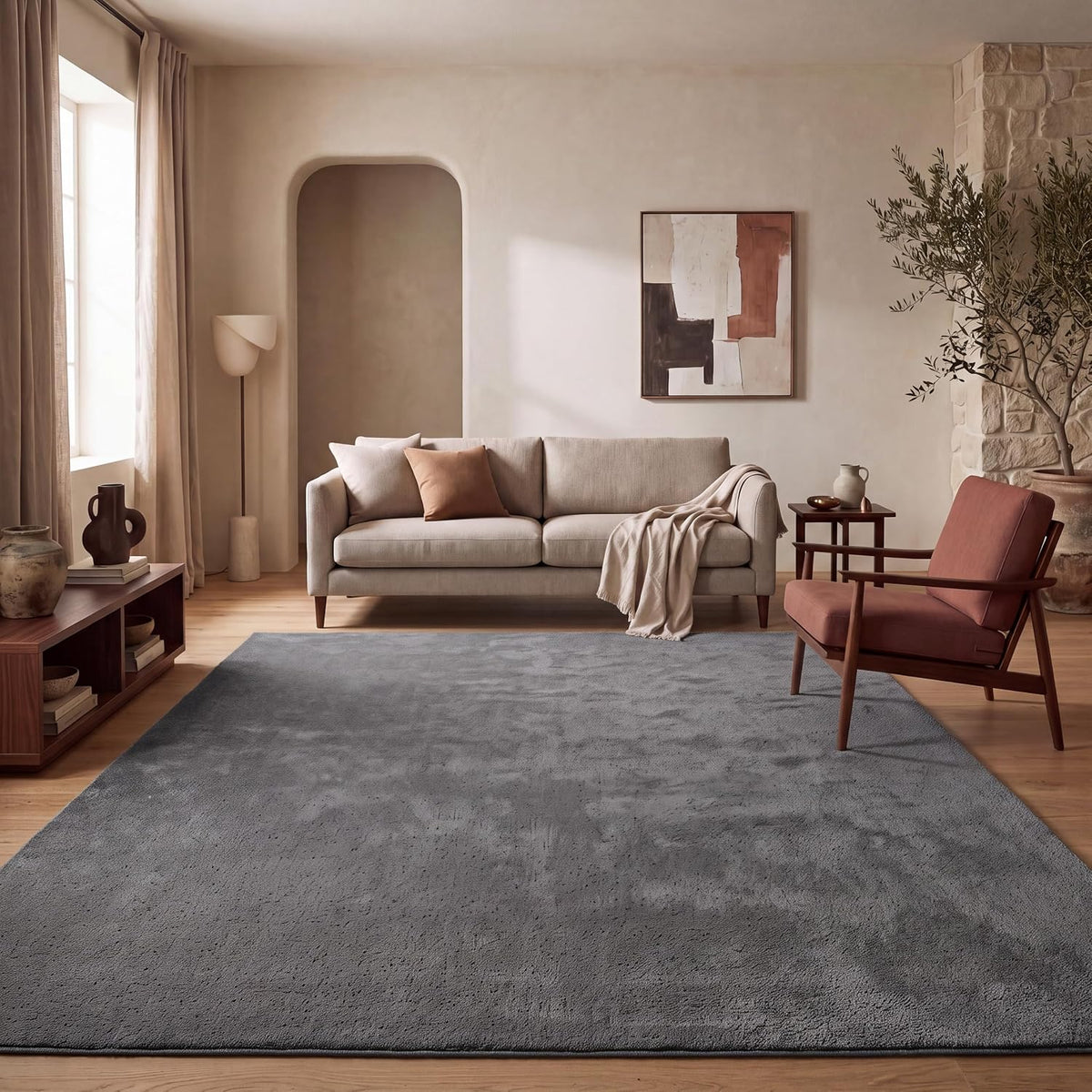 Tapis Salon Chambre Adulte Poils Ras Lavable En Machine Uni Moelleux, Dimension:160X220 Cm, Couleur:Beige Foncé