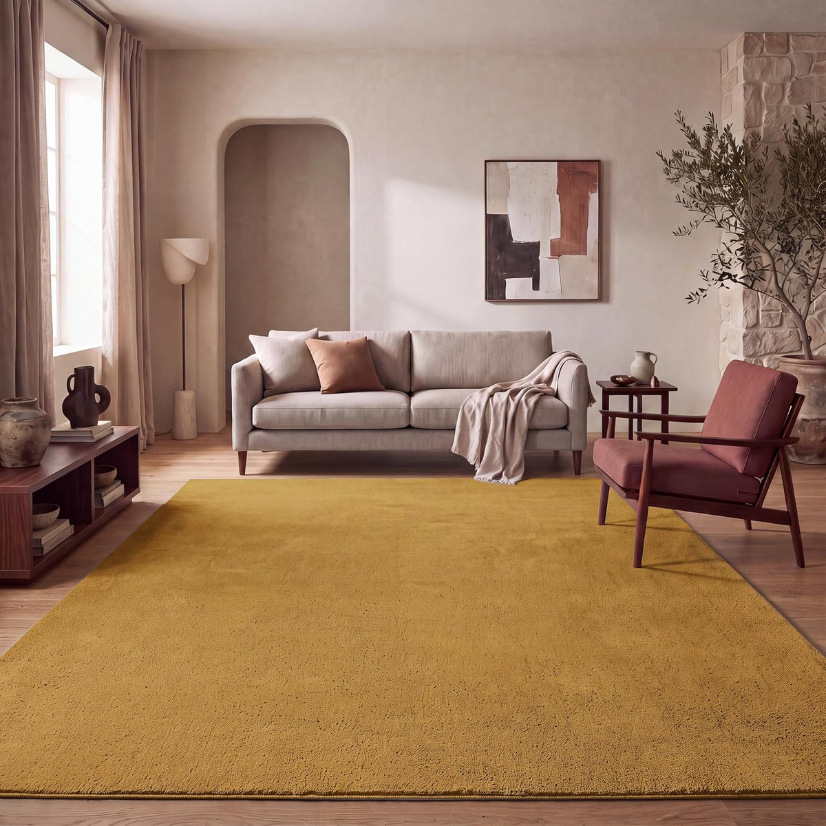 Tapis Salon Chambre Adulte Poils Ras Lavable En Machine Uni Moelleux, Dimension:160X220 Cm, Couleur:Beige Foncé
