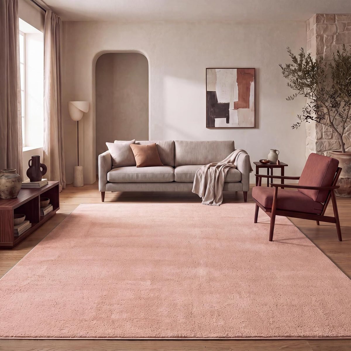 Tapis Salon Chambre Adulte Poils Ras Lavable En Machine Uni Moelleux, Dimension:160X220 Cm, Couleur:Beige Foncé