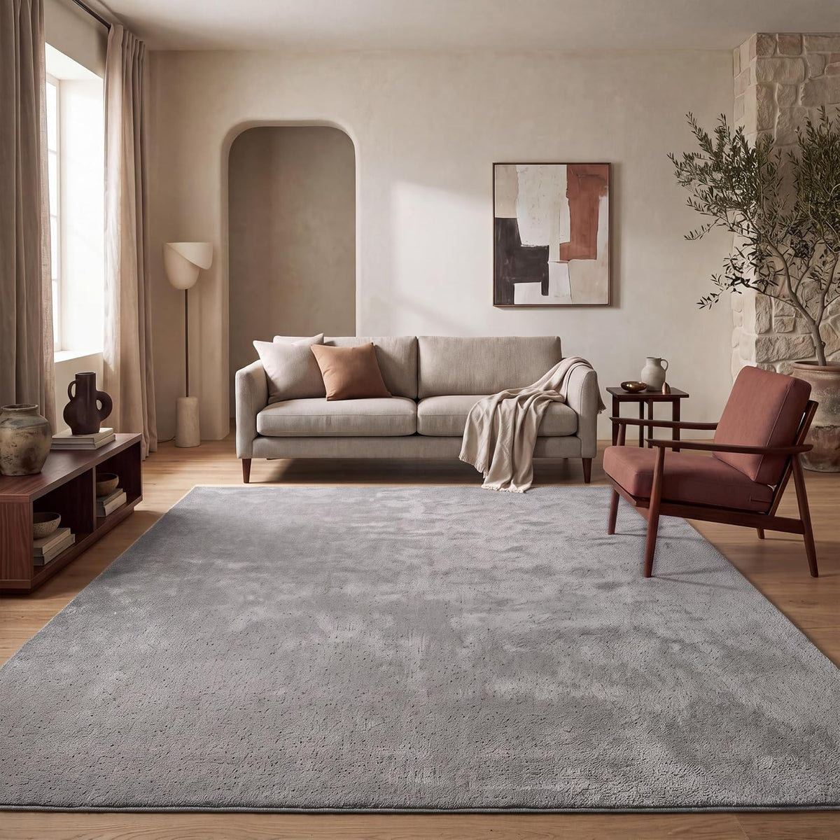 Tapis Salon Chambre Adulte Poils Ras Lavable En Machine Uni Moelleux, Dimension:160X220 Cm, Couleur:Beige Foncé