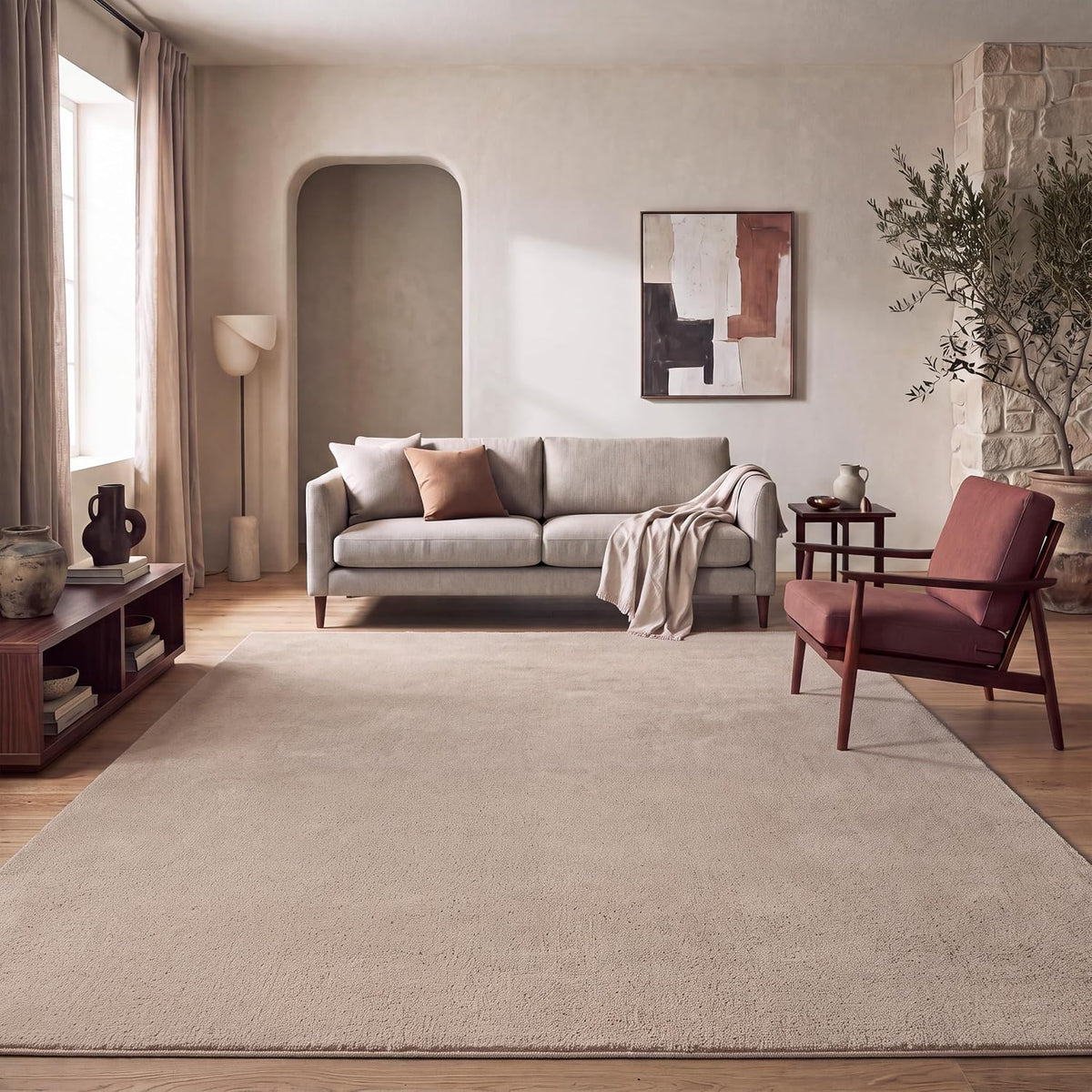 Tapis Salon Chambre Adulte Poils Ras Lavable En Machine Uni Moelleux, Dimension:160X220 Cm, Couleur:Beige Foncé
