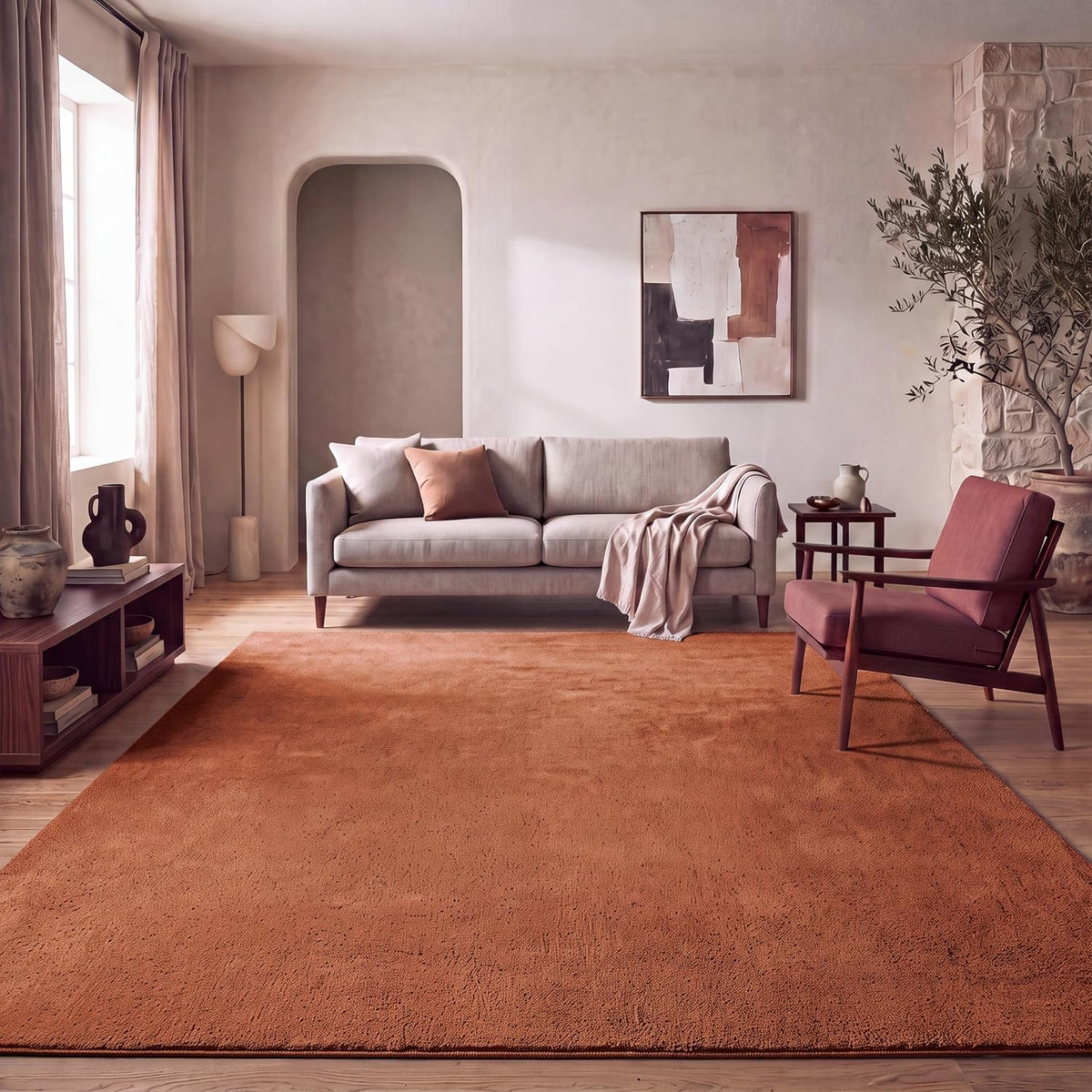Tapis Salon Chambre Adulte Poils Ras Lavable En Machine Uni Moelleux, Dimension:160X220 Cm, Couleur:Beige Foncé